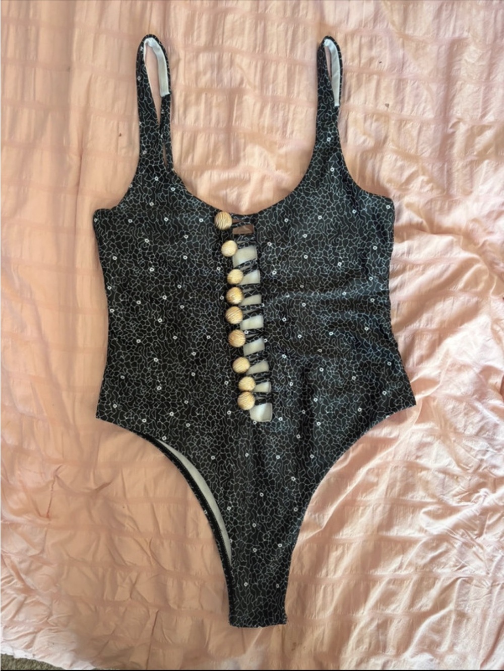 Black Patterned Girls' One-Piece Swimsuit with Decorative Buttons